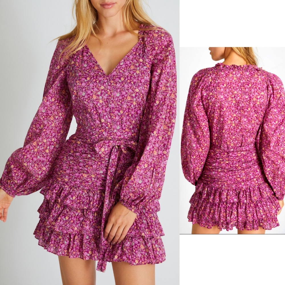 LoveShackFancy Rina Floral-Print Cotton Mini Dress, Cherry Wine, size 2. Defect